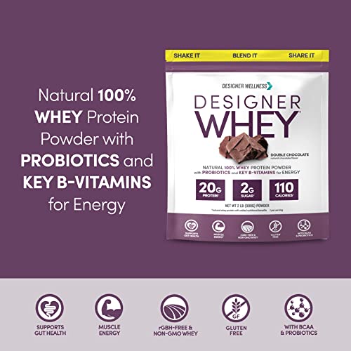 Designer Wellness Designer Whey Natural 100% Whey Protein Powder With Probiotics, Fiber, And Key B-Vitamins For Energy, Gluten-Free, Non-Gmo, Double Chocolate 2 Lb #TOP2