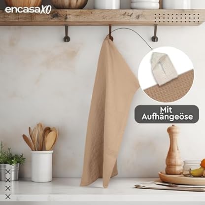 Encasa XO Küchenhandtücher und Waschlappen aus Baumwolle | Beige | Waffel- und Flachgewebe-Geschirrtuch | Geschirrtuch-Set | 70x45 cm | Wiederverwendbar und schnell trocknend 4er-Satz – Bild 6