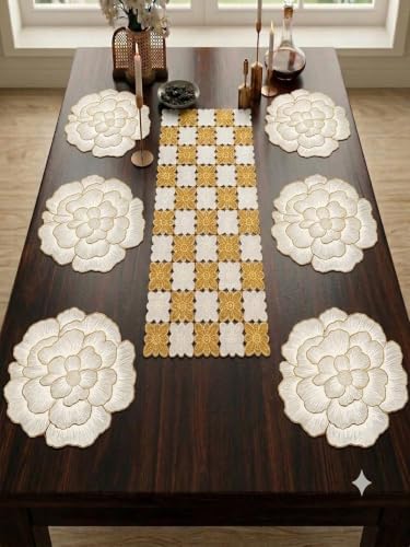 Image of Dakshya Industries PVC Waterproof Round Table Placemats & Table Runner Combo | 6 Round Mats (38 x 38 cm) + 1 Runner (91 x 33 cm) | Heat Resistant, Washable, Non Slip (Opulora)