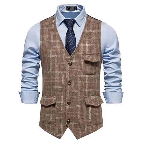 MakingDa Męska kamizelka w kratkę, formalna, bez rękawów, dekolt w serek, w kratkę, tweed, kamizelka biznesowa, sukienka rekreacyjna, kamizelka garniturowa z kieszenią, kawa, XL