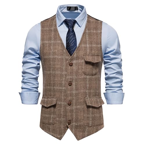 MakingDa Tweed väst män vardaglig vintage rutig kostym väst normal passform midjekappor med ficka, Kaffe, M
