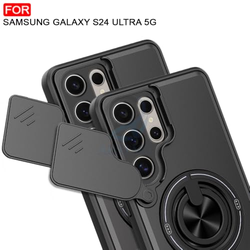 Image of AESTMO Samsung S24 Ultra 5G Back Cover | Armor Camera Slider 360 Degree Rotating Finger Ring Holder Case with Bracket Stand Back Case Cover (Compatible with MagSafe Accessories) (Black)