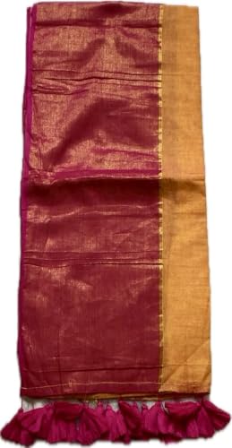 Image of Women's Mul Cotton Saree with Tassels | Soft Mulmul Saree | Woven Stripes & Zari Line | 5.5 Metres - Without Blouse
