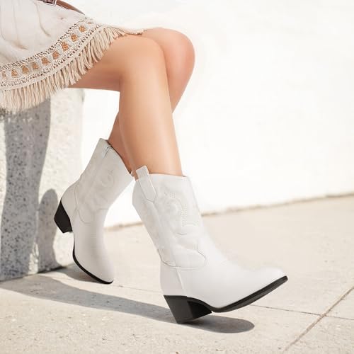 DREAM PAIRS Cowboy Boots for Women, Mid Calf Cowgirl Boots with Embroidery Round Toe Western Chunky Low Heel Shoes,Size 6.5,White,DWUMMB2505
