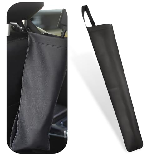 Car umbrella storage cover, sleek black leather design, waterproof, hanging storage solution for travel convenience.