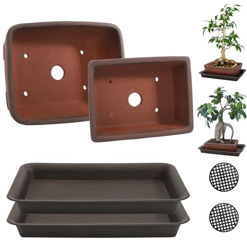 ELFULLY 2 Pack Rectangle Bonsai Pots, 6' and 7' Bonsai Planter, Handmade Unglazed Ceramic Planters with 2 Match Humidity Trays 2 Drainage Mesh Pads, Bonsai Tree Training Kit for Garden Outdoor Indoor