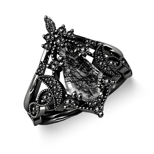 AAA Nature Black Rutilated Quartz Rings Set for Women 10K 14K 18K Gold Vintage Gemstone Nature Black Rutilated Quartz 2Pcs Ring Wedding Band with Gift Box2