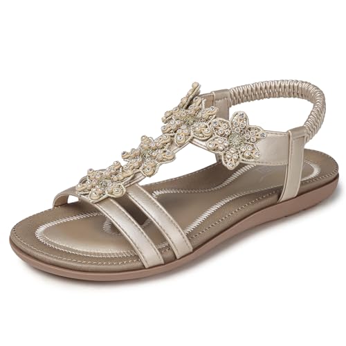 Image of SHIBEVER Dressy Flat Women Sandals: Comfortable Arch Support Womens Sandal | Summer Dress Flowers Boho Back Strap Open Toe Women's Sandals - All Day Comfort Walking Casual Wedding Woman Sandal Shoes