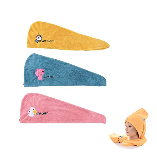 WSNDM 3 Piezas Toalla Turbante para el Pelo, Ultra Súper Absorbente Toallas para Secar Pelo con Botón, Toalla Microfibra Pelo con Lindo Bordado de Dibujos Animados, Secar el Cabello Rápidamente Cover