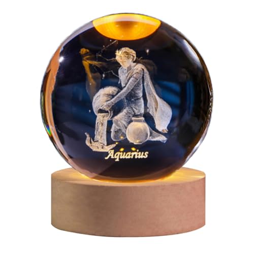 QIANCHANG Aquarius Crystal Ball with Wooden Light Base, 60mm 3D Laser Etched Constellation Glass Sphere Decorative Balls Paperweight Gift