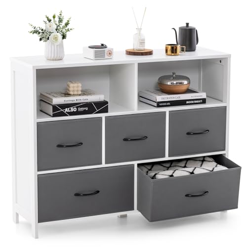 GOPLUS Cómoda con 5 Cajones de Tela Extraíbles y 2 Estantes Abiertos, Aparador de Madera, Cajonera para Dormitorio, Salón, Habitación Infantil, Mueble para TV de hasta 45 Pulgadas (5 cajones)
