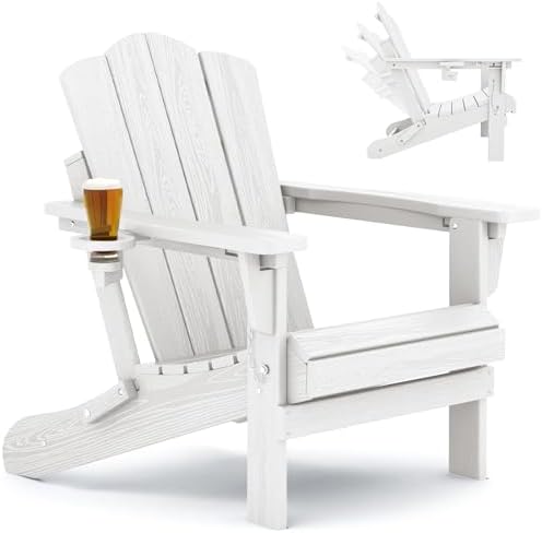 KINGYES Folding Adjustable Adirondack Chair, All Weather Resistance Reclining Adirondack Chair with Cup Holder, HDPE Folding Adirondack Chair, White