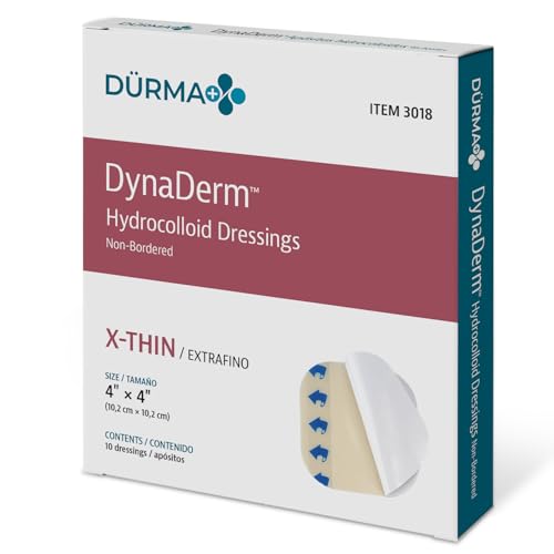 Dynarex Dürma+ DynaDerm™ Hydrocolloid Dressing - Sterile Non-Bordered Wound Patch - Water-Resistant - Flexible Protection - X-Thin - 4" x 4" - 10 per Box, 12 Boxes per Case