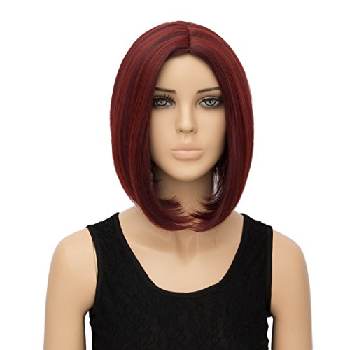 Alacos Fashion Burgundy Red Highlights Bob Wigs for Women Straight Synthetic Heat Resistant Christmas Party Daily Costumes Wig +Free Wig Cap
