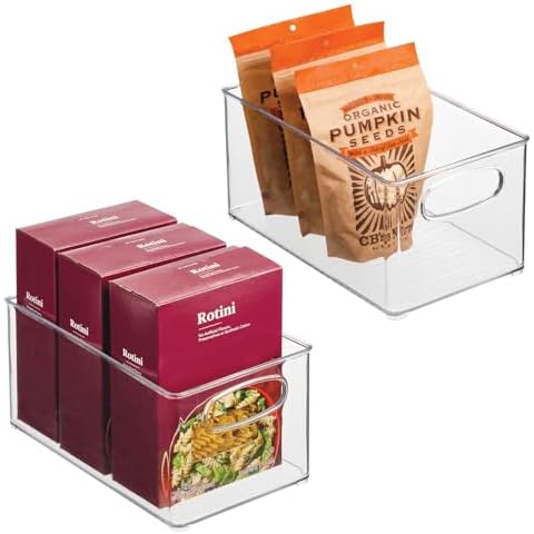 mDesign Plastic Kitchen Organizer - Storage Holder Bin with Handles for Pantry, Cupboard, Cabinet, Fridge/Freezer, Shelves, Counter - Holds Canned Food, Snacks - Ligne Collection - 2 Pack - Clear Cover