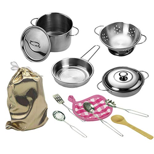 Seciie 12Pz Cucina Giocattolo in Acciaio Inox, Accessori per Cucina con Pentole e Padelle Pentole, Giocattoli da Cucina Fingere Giocattolo da Cucina