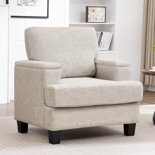 Image of Beige Accent Chair with Armrest Storage, Modern Upholstered Reading Living Room Chairs, Comfy Large Armchair, Fabric Single Sofa Chair for Bedroom