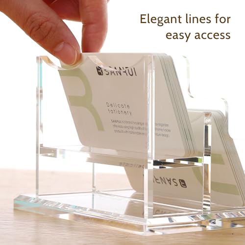 SANRUI Business Card Holder for Desk Clear Acrylic Business Card Holders Business Card Display Stand 2 Slots(Patent No.:US D1,001,889 S)