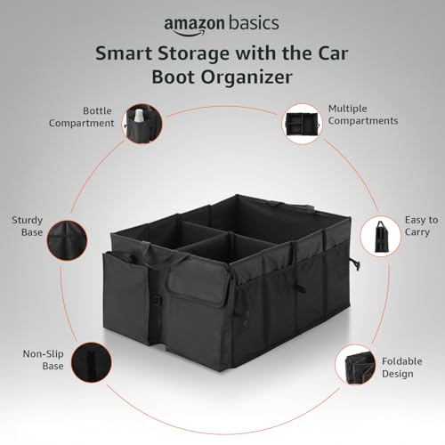 Image of Amazon Basics Car Boot Organizer with 3 Large Compartments & 8 Mesh Pockets | Foldable 600D Oxford Storage Box with Lid & Securing Straps (Black, 58x43x27 cm)