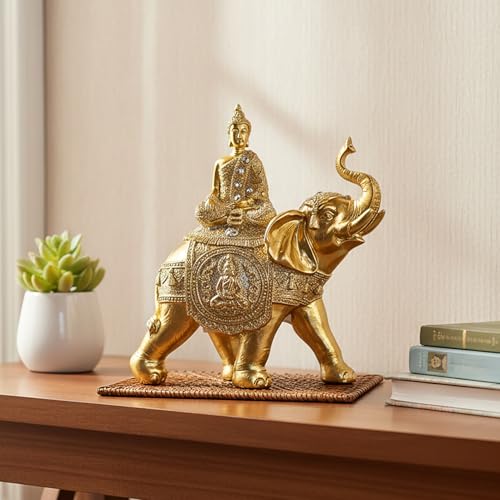 Estatua de Buda Dorado sobre Elefante 7.48x7.09x3.15 in miniatura 4