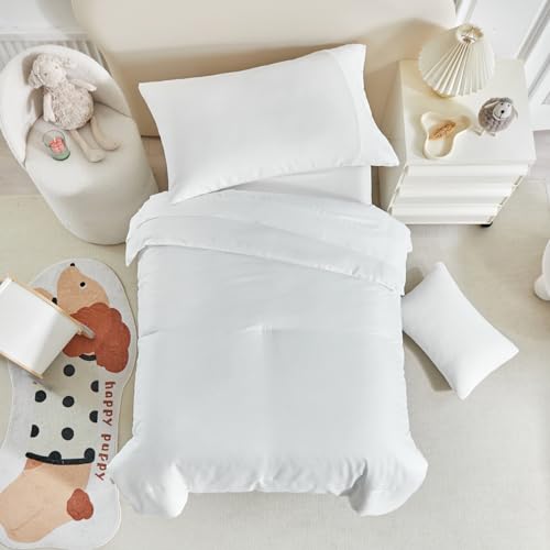 Image of Kids Comforter Sheet Set - Soft and Breathable Bed Set Includes Quilted Comforter, Fitted Sheet, Flat Top Sheet, Pillowcase and Toddler Pillowcase for Toddler - 5 Pieces Toddler Bedding Set White