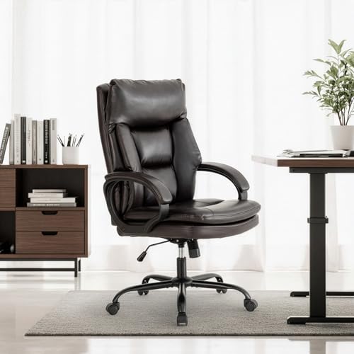 BOWTHY Ergonomic Home Office Chair,Modern Faux Leather Chair with Thickened Cushions,360 Swivel Computer Desk Chair,Comfy High Back Executive Chair with Rocking Function,350lbs Capacity (Dark Brown)