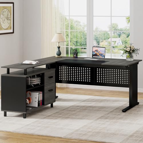 Tribesigns 63 Inch Executive Desk with File Cabinet, L Shaped Office Desk with Drawers and Storage Shelves, Business Furniture Set Workstation for Home Office, Gray and Black by Tribesigns - Image 4