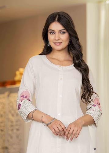 Image of Pistaa's Women Cotton Elegant Off-White Floral Embroidered Sleeves Kurta Palazzo Set