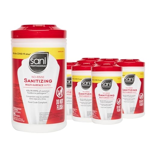 PDI Sani-Professional Sanitizing Wipes No-Rinse Multi-Surface Cleaning for Food Contact Surfaces Kitchens Restuarants Tables 95 Large 7.75 x 9 Count per Canister Pack of 6