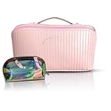 JOSOLOVE Travel cosmetic Bag for Women | Large PU Leather makeup bag with compartments | Cosmetic Bag | Travel Bag Organizer & Skincare | Portable Makeup Case with Handle | Pink Make up Bag