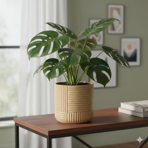 Image of Bonkaso 15 Inch Ribbed Planter Pot for Indoor & Outdoor Use | Round Heavy Duty Polymer Flower Pot | Lightweight Weather Resistant Modern Gamla for Living Room Balcony & Terrace (Beige)