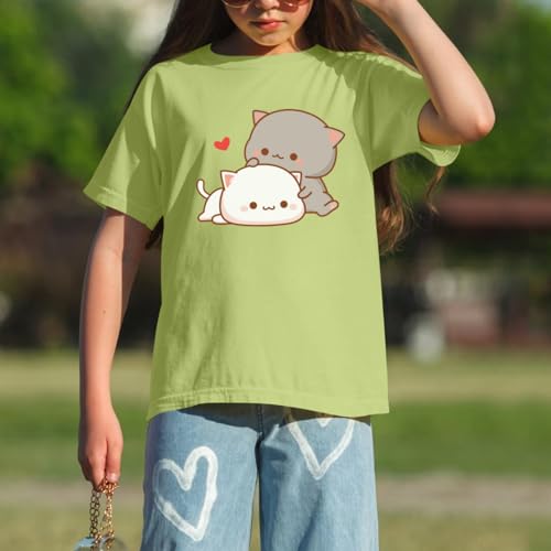 Image of KEEVICI Cute Cat Shirts for Girls Graphic Tees Kids Kawaii Cartoon Animal Print T Shirt Summer Cotton Short Sleeve Tops