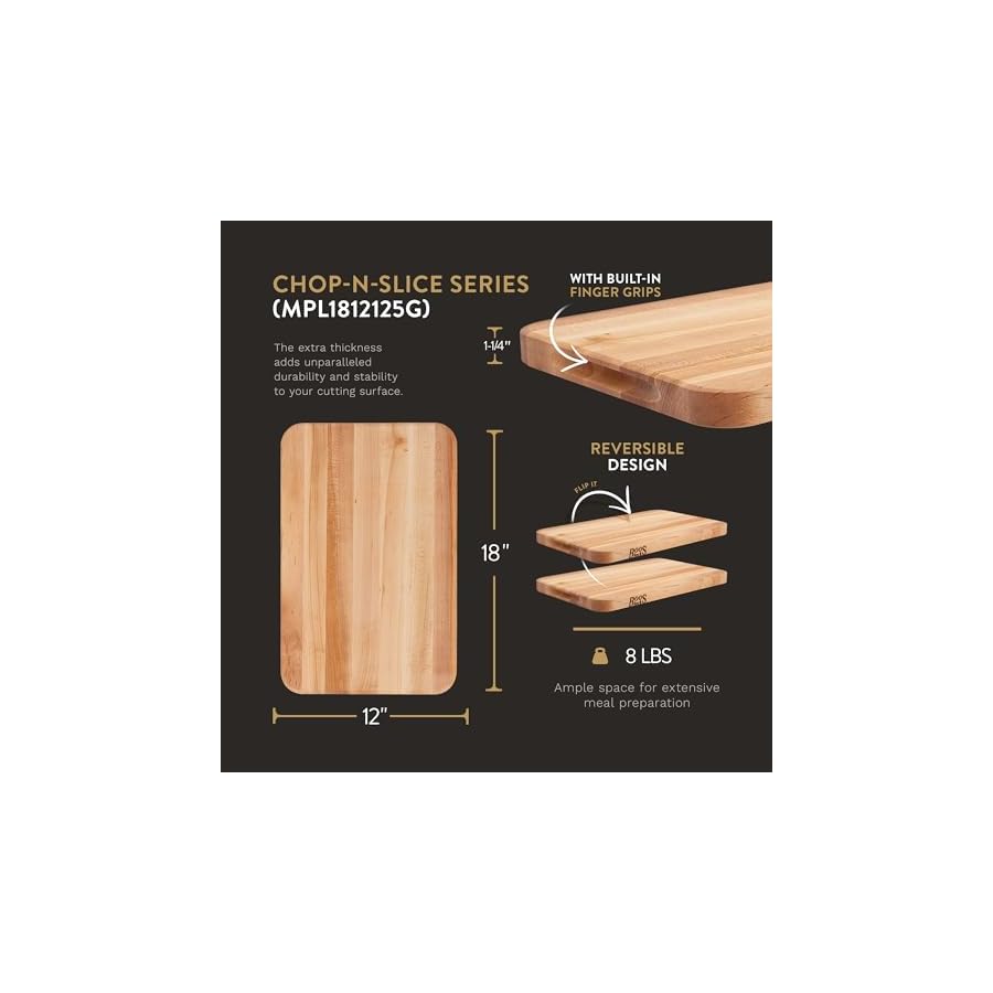 John Boos Block Reversible Cutting Board, Chop-N-Slice w/Finger Grips, 18"x12"x1.25", Maple