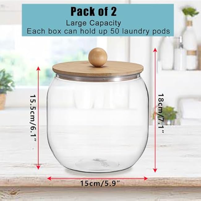 2-Pack Clear Plastic Laundry Pod Containers with Bamboo Lids & Seal Rings ¨C Airtight Detergent Storage Organizer for Laundry Room/Kitchen/Bathroom, Cylindrical Dishwasher Pods Container