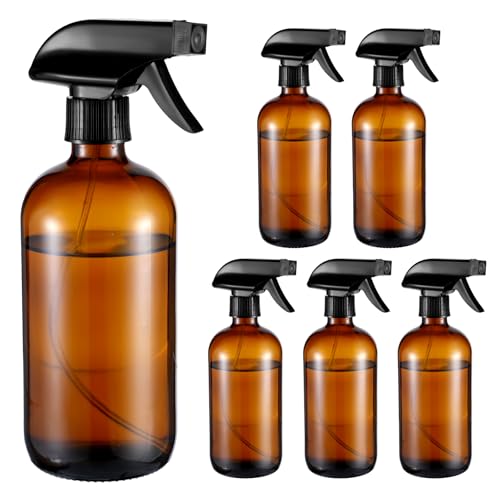 6 Pack Amber Glass Spray Bottles, Refillable 16 oz Empty Bottle with Durable Adjustable Nozzles for Cleaning Solution, Spray Bottles for Hair, Plants, Cleaner, Essential Oil