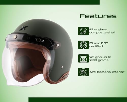 Image of Axor Retro Jet Leather ISI Dot Certified Lightweight Open Face Helmet for Men and Women with Clear Bubble Visor Dull Battle Green(L)