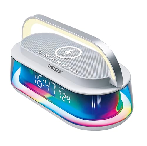 acer GlowTime Alarm Clock Bluetooth Speaker with 15W Wireless Charging | 10W Stereo Output (5W×2) | 13 RGB Lighting Effect | FM, USB/TF/AUX | Timer, White Noise, 12/24H LED Display | 1800mAh Battery