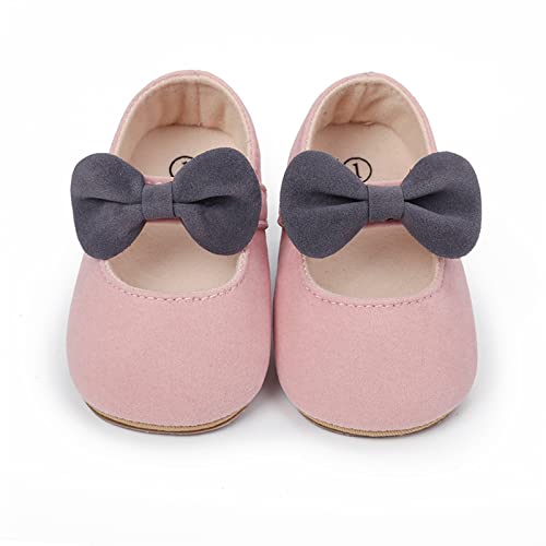 Newborn Baby Girls Mary Jane Flats with Bownot Non Slip Soft Sole Infant Princess First Walkers Wedding Dress Shoes (Pink, 12-18 Months)