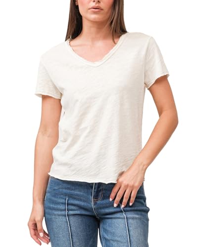 DEAR JOHN Vanya Short Sleeve Vee Neck Women's Slub Tee Knit Relaxed Fit Shirt