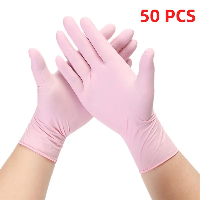 20/50/100 szt. Różowe rękawiczki nitrylowe, jednorazowe, lateksowe, bezpudrowe, do sprzątania w domu, pracy salonie kosmetycznym i kuchni(Pink 50PCS,S)