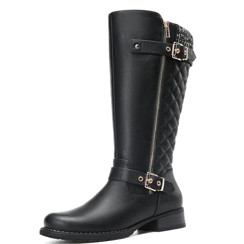 DECARSDZ Damen Kniehohe Stiefel Mode Reitstiefel Booite Metallschnalle Wadenstiefel, Schwarz, 36 EU