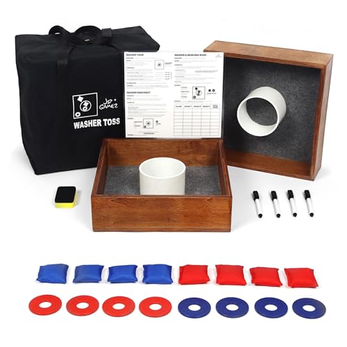 Washer Toss Games Wooden Reinforced PVC Tube with 5 Original Fun Games for Yard Outdoor Games Includes 8 Washers,8 Bean Bags, Scorecard, Carrying Case
