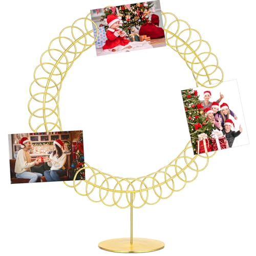 MorningRo Metal Christmas Card Holder Wreath Xmas Card Display Spiral Photo Holder Decorative Tabletop Photo Rack Spiral Wreath for Holiday Party Picture Table Gift(Gold,Round)