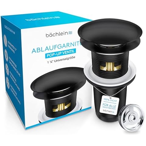 Bächlein Universal Ablaufgarnitur mit Überlauf - [in edlem Schwarz] Pop Up Ventil – Ablaufventil Abflussgarnitur aus Messing - Einbau mit Anleitung werkzeuglos… Cover