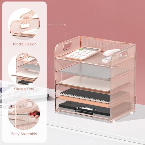 Image of Supeasy 5 Trays Paper Organizer Letter Tray with Handle-Mesh Desk File Organizer, Paper Sorter Desk Organizer for Office, Home or School (Rose Gold)