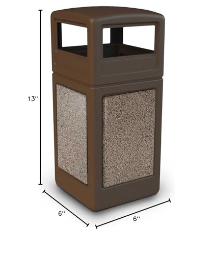Image of Commercial Zone StoneTec 42 Gallon Square Receptacle with Dome Lid, Brown w /Riverstone Panels