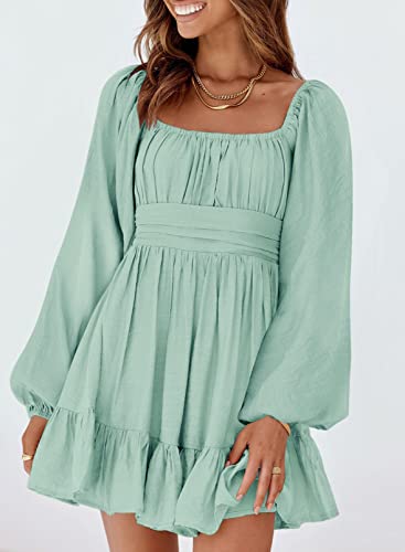 Image of Dokotoo Womens Dress Lantern Sleeve Elastic Waist Tie Backless Mini Dress | Square Neck,Off Shoulder,Flowy,Ruffle A-Line,Casual,Mini Dress,Beach Vacation Clothes,Fall Outifits,Wedding Guest,Boho