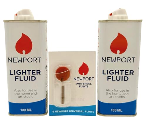 Newport Lighter Fluid | 133ml | 2-Pack with 6X Universal Flints | Compatible with Zippo Refillable Lighters | Fast Ignition | Clean Burning Fuel | Universal Lighter Fluid Refill