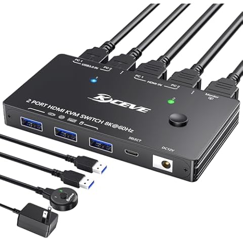 KVM Switch HDMI 2 Port Box, 8K@60Hz USB3.0 HDMI2.1 Switch for 2 Computers Share Keyboard Mouse Printer and one HD Monitor,Support UHD 4K@120Hz,with 2 USB Cable,Power Adapter and Controller Cover