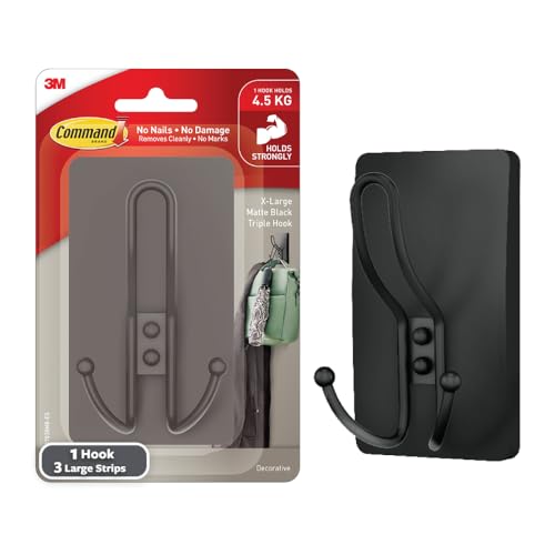 Image of 3M Command XL Matte Black Triple Metal Premium Hook, Holds 4.5 kg, no Paint Damage, Heavy Duty, Holds Strongly, Reusable, Adhesive hooks for wall, Multi-surface, Hanging for Coats, Bags & Accessories (1 Hook, 3 strips)